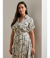 Lauren Ralph Lauren Plus Size Crepe de Chine Abstract Print Camp Collar Short Sleeve Belted Shirt Dress
