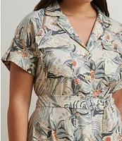 Lauren Ralph Lauren Plus Size Crepe de Chine Abstract Print Camp Collar Short Sleeve Belted Shirt Dress