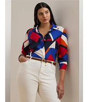 Lauren Ralph Lauren Plus Size Crepe de Chine Abstract Print Point Collar Long Sleeve Button-Front Shirt