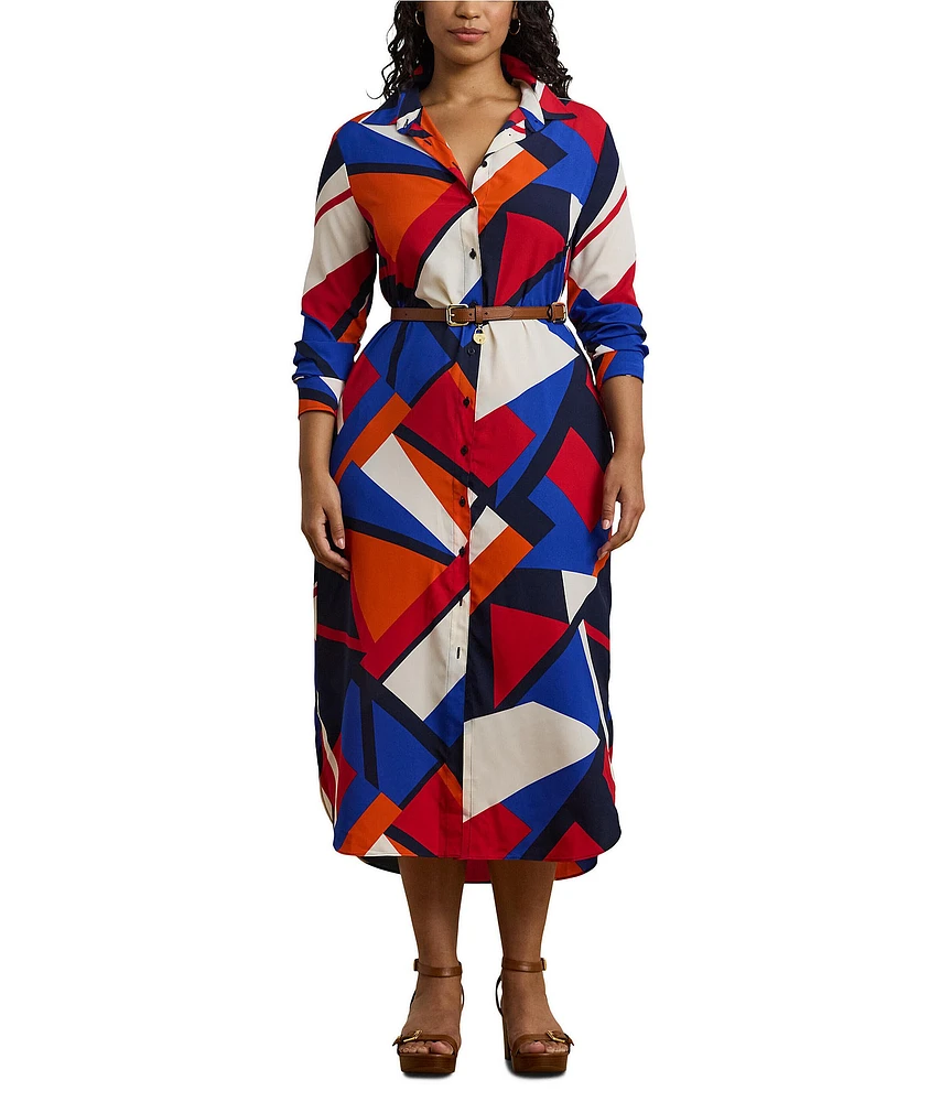 Lauren Ralph Lauren Plus Size Crepe de Chine Printed Point Collar Long Sleeve Button-Front Self-Tie Waist Midi Shirtdress