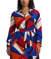 Lauren Ralph Lauren Plus Size Crepe de Chine Printed Point Collar Long Sleeve Button-Front Self-Tie Waist Midi Shirtdress