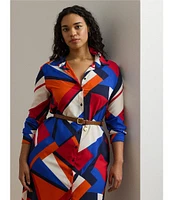 Lauren Ralph Lauren Plus Size Crepe de Chine Printed Point Collar Long Sleeve Button-Front Self-Tie Waist Midi Shirtdress