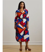 Lauren Ralph Lauren Plus Size Crepe de Chine Printed Point Collar Long Sleeve Button-Front Self-Tie Waist Midi Shirtdress