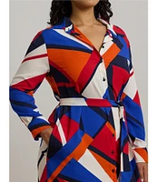 Lauren Ralph Lauren Plus Size Crepe de Chine Printed Point Collar Long Sleeve Button-Front Self-Tie Waist Midi Shirtdress