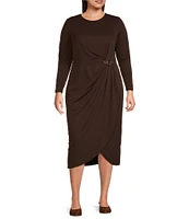 Lauren Ralph Lauren Plus Size Crew Neck Long Sleeve Pleated Waist With Buckle Faux Wrap Dress