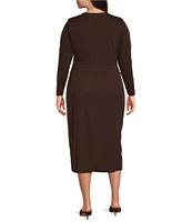 Lauren Ralph Lauren Plus Size Crew Neck Long Sleeve Pleated Waist With Buckle Faux Wrap Dress