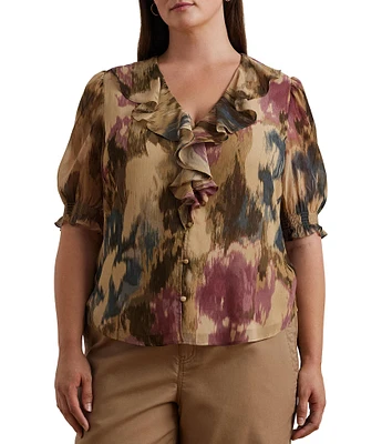 Lauren Ralph Lauren Plus Size Crinkle Georgette Abstract Floral Ruffled Trim V-Neck Elbow Sleeve Button-Front Blouse