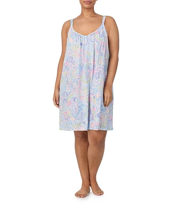 Lauren Ralph Lauren Plus Size Double Strap Button Scoop V-Neck Paisley Print Knit Chemise