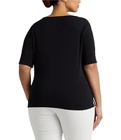 Lauren Ralph Lauren Plus Size Stretch Cotton Boat Neck Short Folded Elbow Sleeve Top