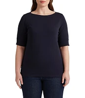 Lauren Ralph Lauren Plus Size Stretch Cotton Boat Neck Short Folded Elbow Sleeve Top