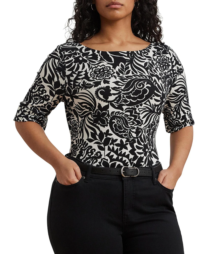 Lauren Ralph Lauren Plus Size Embroidered Floral Boat Neck Elbow Sleeve Tee