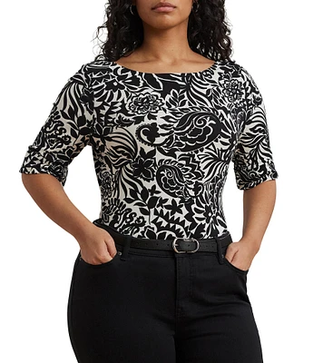 Lauren Ralph Lauren Plus Size Embroidered Floral Boat Neck Elbow Sleeve Tee