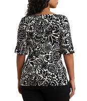 Lauren Ralph Lauren Plus Size Embroidered Floral Boat Neck Elbow Sleeve Tee