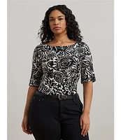 Lauren Ralph Lauren Plus Size Embroidered Floral Boat Neck Elbow Sleeve Tee