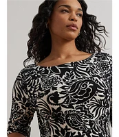 Lauren Ralph Lauren Plus Size Embroidered Floral Boat Neck Elbow Sleeve Tee