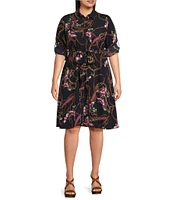 Lauren Ralph Lauren Plus Size Equestrian-Inspired Print Crepe de Chine Roll-Tab Sleeve Button-Front Self-Tie Waist Shirtdress