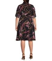 Lauren Ralph Lauren Plus Size Equestrian-Inspired Print Crepe de Chine Roll-Tab Sleeve Button-Front Self-Tie Waist Shirtdress