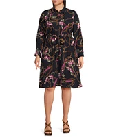 Lauren Ralph Lauren Plus Size Equestrian-Inspired Print Crepe de Chine Roll-Tab Sleeve Button-Front Self-Tie Waist Shirtdress