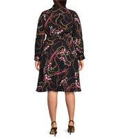 Lauren Ralph Lauren Plus Size Equestrian-Inspired Print Crepe de Chine Roll-Tab Sleeve Button-Front Self-Tie Waist Shirtdress