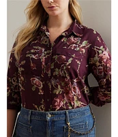 Lauren Ralph Lauren Plus Size Floral Cotton Voile Point Collar Long Sleeve Button-Front Shirt