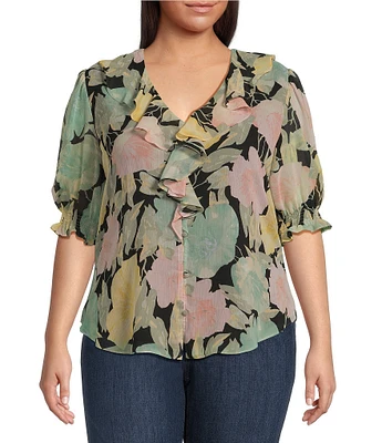 Lauren Ralph Lauren Plus Size Floral Crinkle Georgette Ruffle Trim Blouse