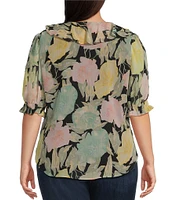 Lauren Ralph Lauren Plus Size Floral Crinkle Georgette Ruffle Trim Blouse