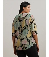 Lauren Ralph Lauren Plus Size Floral Crinkle Georgette Ruffle Trim Blouse