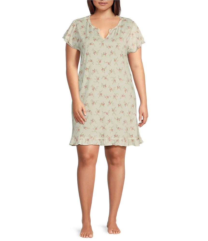 Lauren Ralph Lauren Plus Size Floral Print Double Short Sleeves Split-Round Neckline Knee Length Knit Nightgown