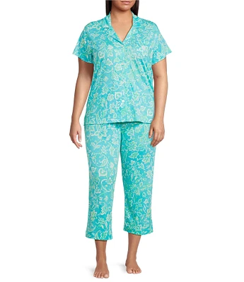 Lauren Ralph Lauren Plus Size Floral Print Short Sleeve Notch Collar Knit Cropped Pajama Set