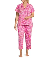 Lauren Ralph Lauren Plus Size Floral Print Short Sleeve Notch Collar Knit Cropped Pajama Set