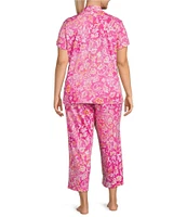 Lauren Ralph Lauren Plus Size Floral Print Short Sleeve Notch Collar Knit Cropped Pajama Set