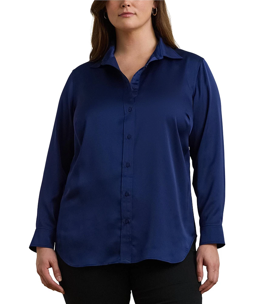 Lauren Ralph Lauren Plus Size Glossy Satin Charmeuse Point Collar Long Sleeve Button Front Shirt