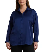 Lauren Ralph Lauren Plus Size Glossy Satin Charmeuse Point Collar Long Sleeve Button Front Shirt