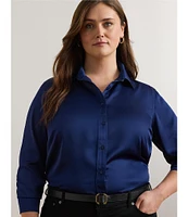 Lauren Ralph Lauren Plus Size Glossy Satin Charmeuse Point Collar Long Sleeve Button Front Shirt