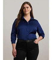 Lauren Ralph Lauren Plus Size Glossy Satin Charmeuse Point Collar Long Sleeve Button Front Shirt