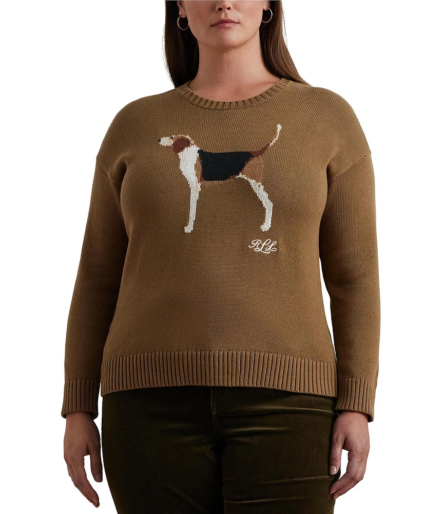 Lauren Ralph Lauren Plus Size Intarsia-Knit Beagle Crew Neck #double;LRL#double; Script Embroidered Sweater