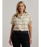 Lauren Ralph Lauren Plus Size Lightweight Striped Camp Collar Short Sleeve Button-Front Camp Shirt