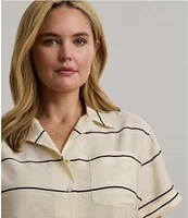 Lauren Ralph Lauren Plus Size Lightweight Striped Camp Collar Short Sleeve Button-Front Camp Shirt
