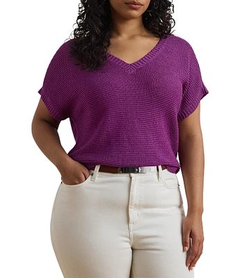 Lauren Ralph Lauren Plus Size Linen Blend V-Neck Short Sleeve Sweater