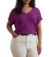 Lauren Ralph Lauren Plus Size Linen Blend V-Neck Short Sleeve Sweater
