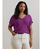 Lauren Ralph Lauren Plus Size Linen Blend V-Neck Short Sleeve Sweater