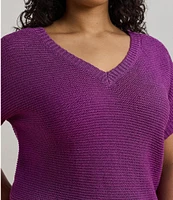 Lauren Ralph Lauren Plus Size Linen Blend V-Neck Short Sleeve Sweater