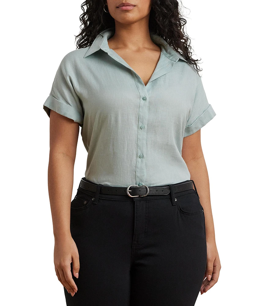 Lauren Ralph Lauren Plus Size Point Collar Short Sleeve Linen Shirt