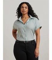Lauren Ralph Lauren Plus Size Point Collar Short Sleeve Linen Shirt