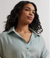 Lauren Ralph Lauren Plus Size Point Collar Short Sleeve Linen Shirt