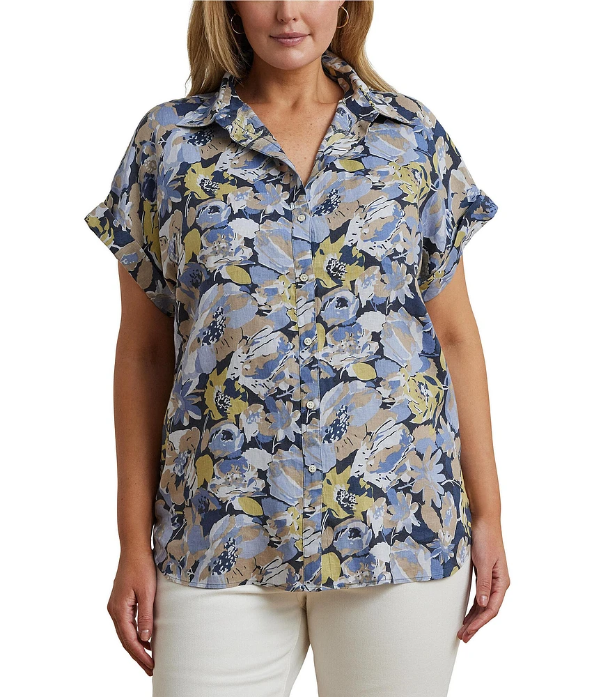 Lauren Ralph Lauren Plus Size Linen Floral Point Collar Short Rolled Cuff Sleeve Button-Front Shirt