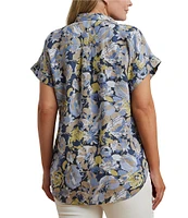 Lauren Ralph Lauren Plus Size Linen Floral Point Collar Short Rolled Cuff Sleeve Button-Front Shirt