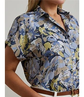 Lauren Ralph Lauren Plus Size Linen Floral Point Collar Short Rolled Cuff Sleeve Button-Front Shirt