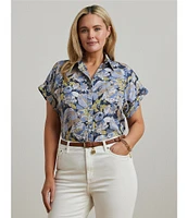 Lauren Ralph Lauren Plus Size Linen Floral Point Collar Short Rolled Cuff Sleeve Button-Front Shirt
