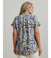 Lauren Ralph Lauren Plus Size Linen Floral Point Collar Short Rolled Cuff Sleeve Button-Front Shirt